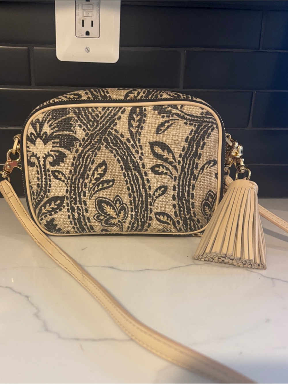 Spartina 449 Black Paisley Crossbody with Cream Tassel